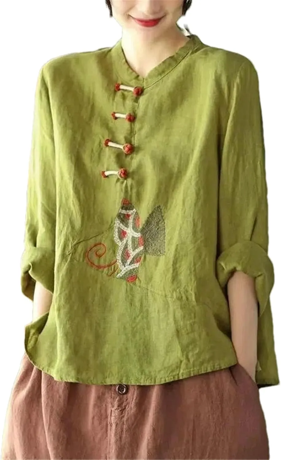 Chinese Cotton Linen Shirt for Women Spring Autumn Long-Sleeve Button-Down Embroidered Loose top Tea Dress for Women