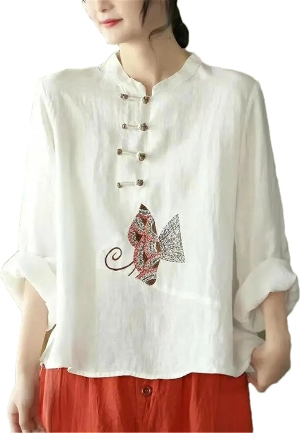 Chinese Cotton Linen Shirt for Women Spring Autumn Long-Sleeve Button-Down Embroidered Loose top Tea Dress for Women