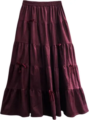chouyatou Womens Elastic High Waist Velvet Skirt Cute Pleated A Line Flared Midi Tiered Skirt with Bowknot
