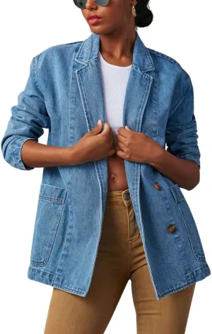 chouyatou Women's Fall Business Casual Denim Blazer Suit Loose Office Boyfriend Jean Jacket
