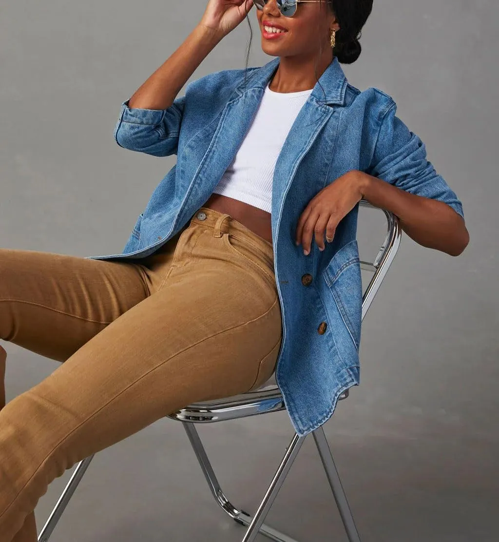 chouyatou Women's Fall Business Casual Denim Blazer Suit Loose Office Boyfriend Jean Jacket