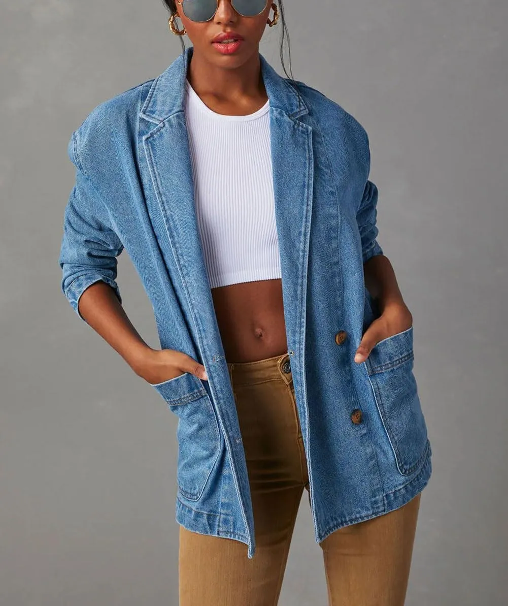 chouyatou Women's Fall Business Casual Denim Blazer Suit Loose Office Boyfriend Jean Jacket