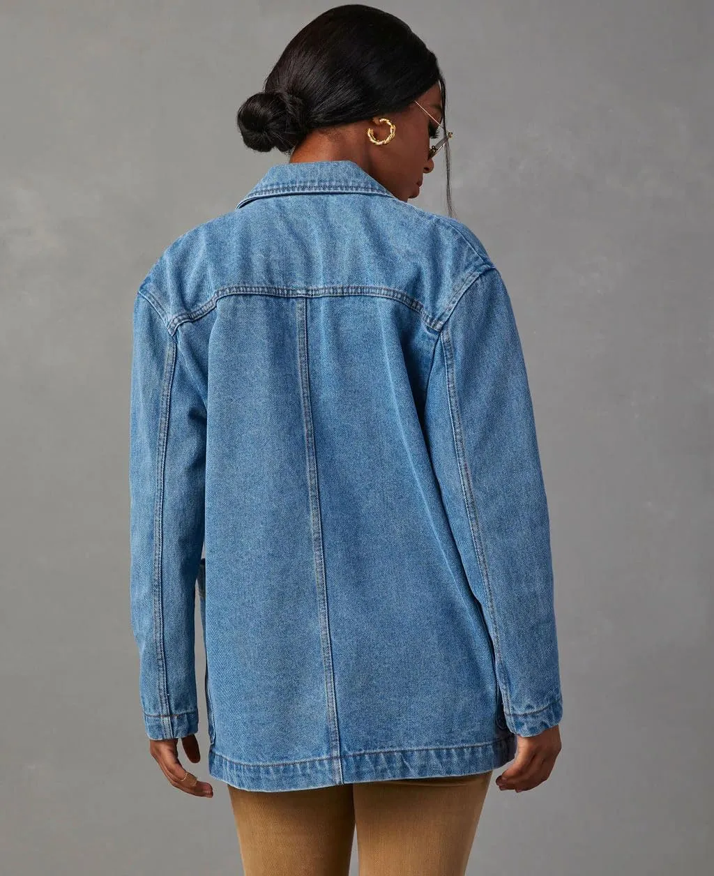 chouyatou Women's Fall Business Casual Denim Blazer Suit Loose Office Boyfriend Jean Jacket