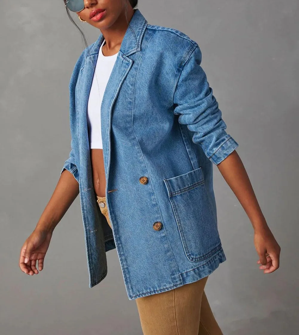 chouyatou Women's Fall Business Casual Denim Blazer Suit Loose Office Boyfriend Jean Jacket
