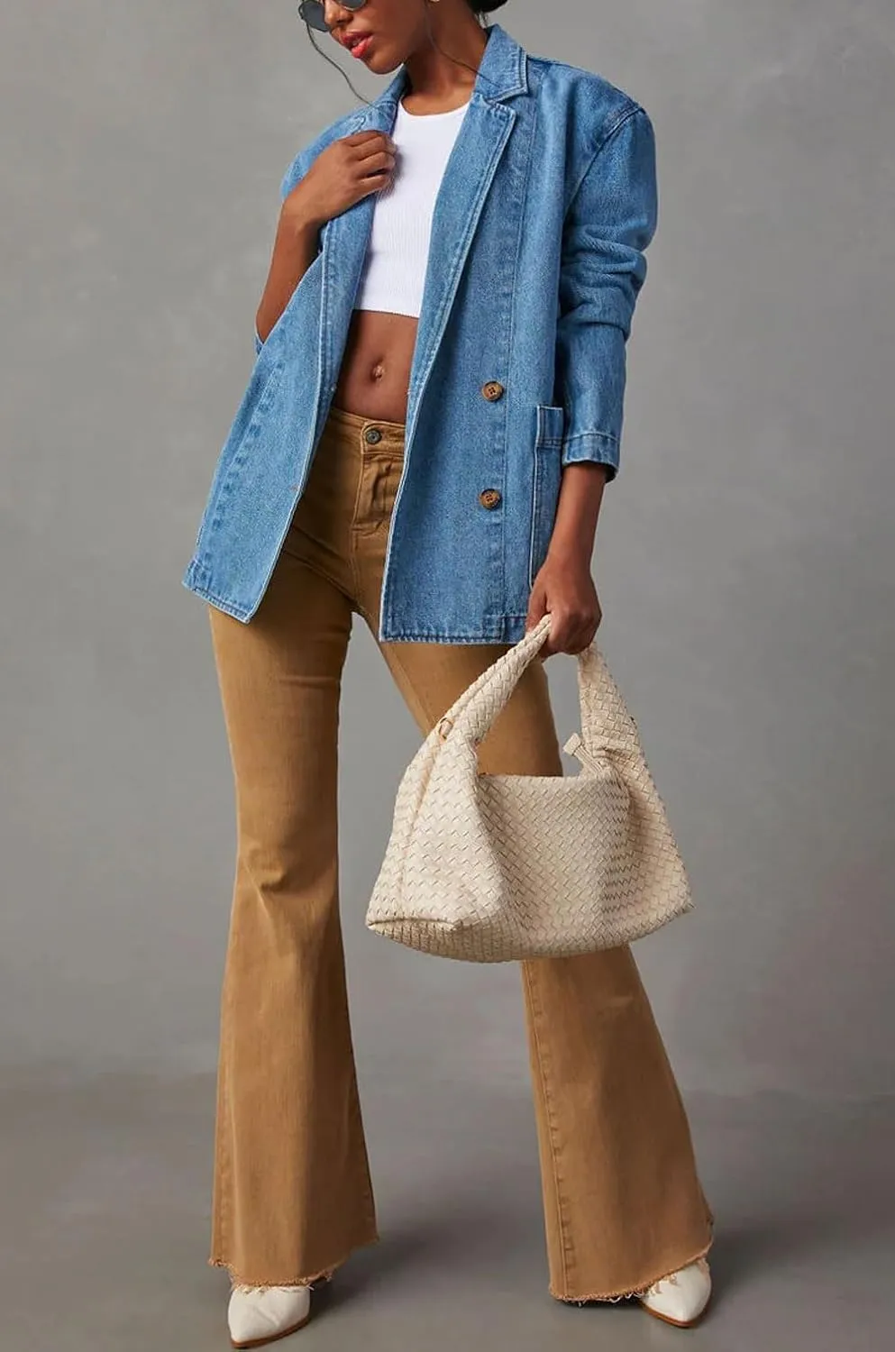 chouyatou Women's Fall Business Casual Denim Blazer Suit Loose Office Boyfriend Jean Jacket