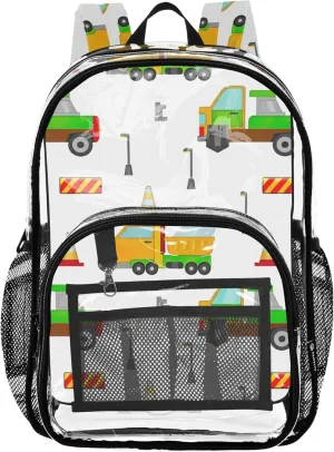 Clear Backpack Women Cute Cartoon Construction Vehicles White Kids Backpack for Girls School Clear Plastic Bag Pvc