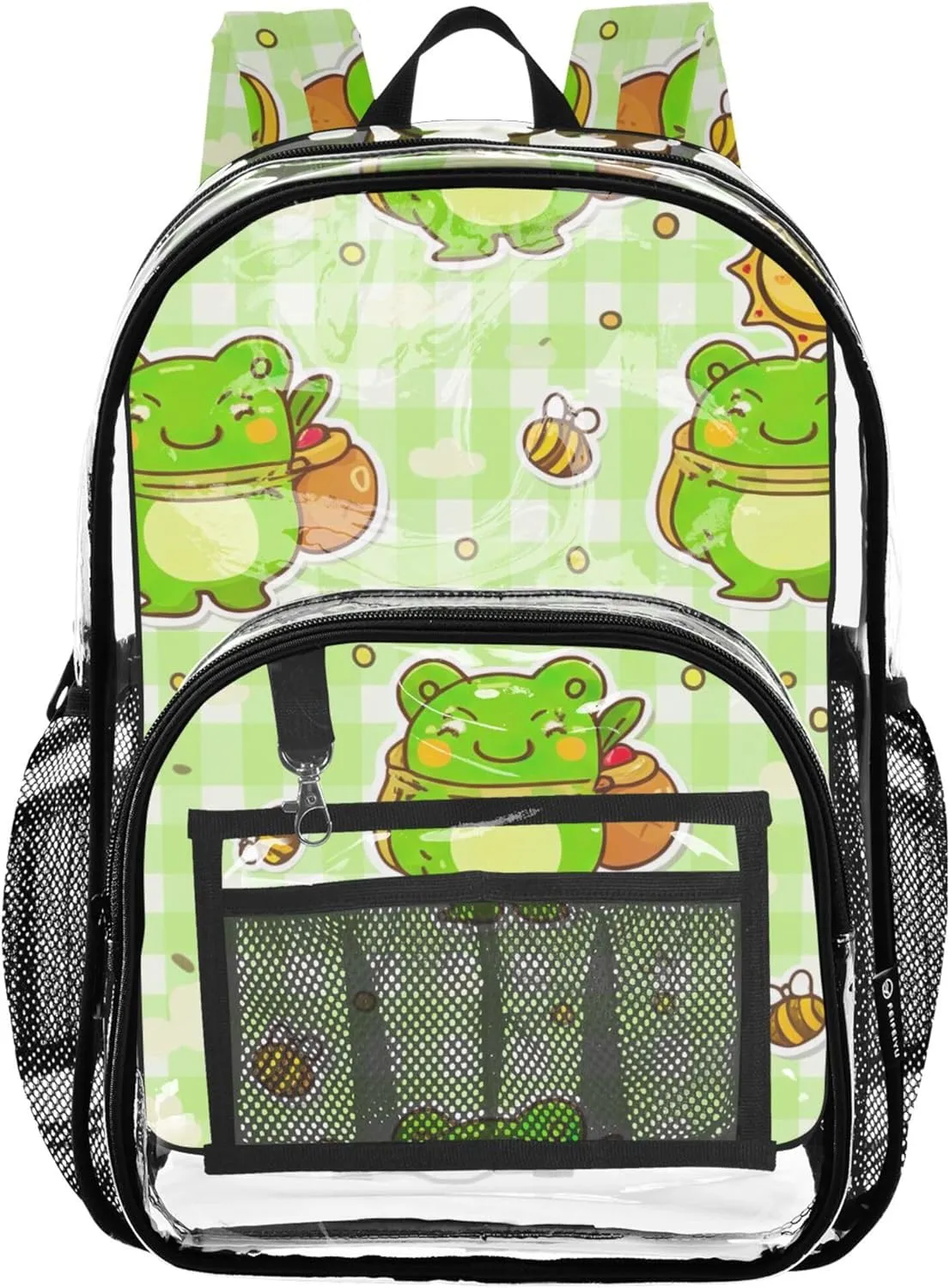 Clear Bag for Women Travel Girls Backpack Kids Boys Plastic See through Bookbag Cute Green Frog Bee