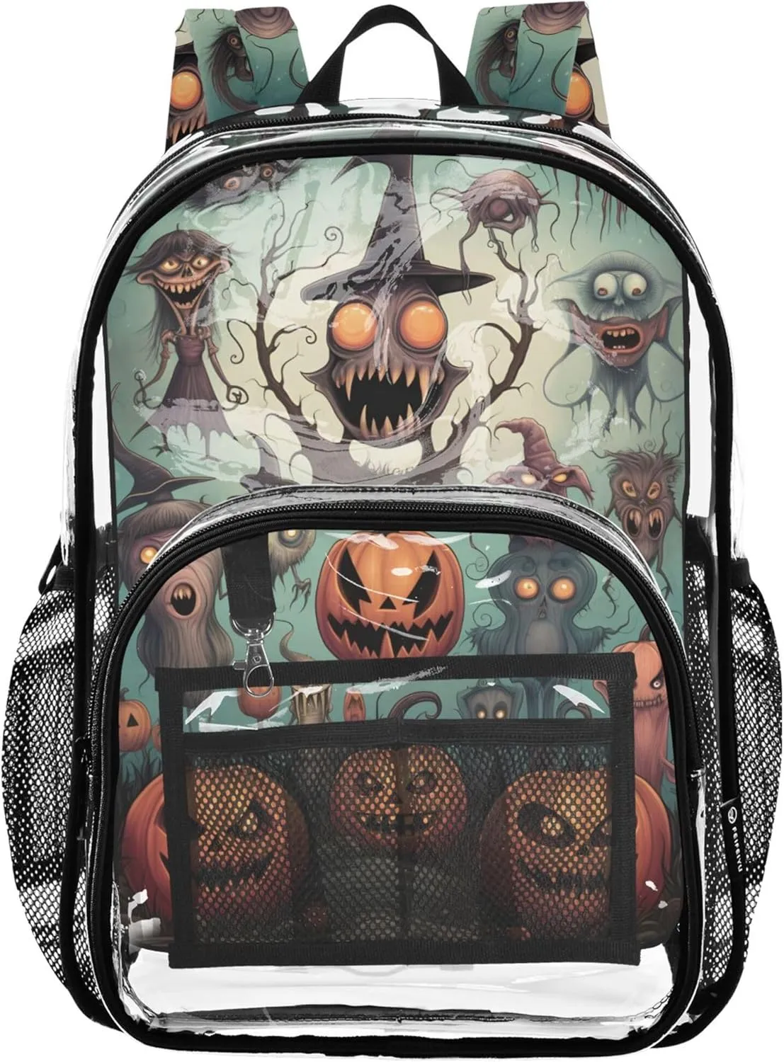 Clear Bag for Women Travel Kids Backpack for Girls Plastic Transparent Bookbag Creepy Halloween Monsters Pumpkin