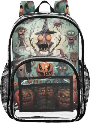 Clear Bag for Women Travel Kids Backpack for Girls Plastic Transparent Bookbag Creepy Halloween Monsters Pumpkin