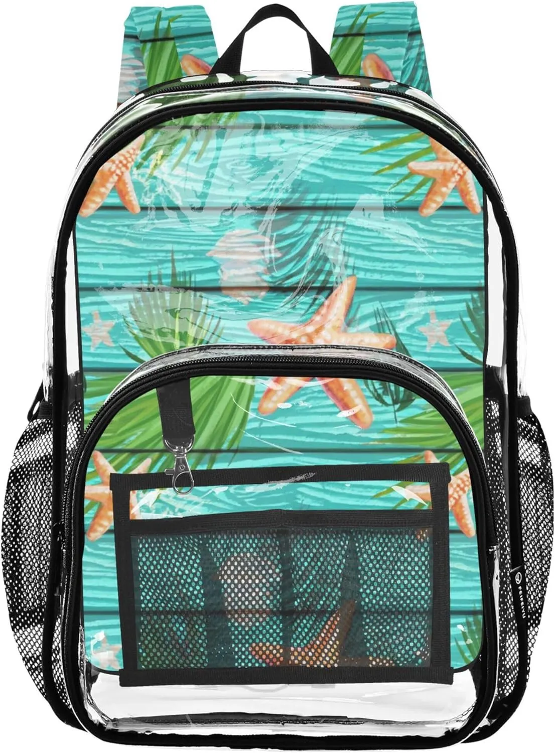 Clear Bag for Women Travel Starfish Palm Leaves Turquoise Girls Backpack for Kids Approved See through Bag