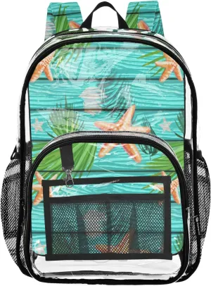 Clear Bag for Women Travel Starfish Palm Leaves Turquoise Girls Backpack for Kids Approved See through Bag