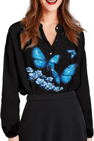 Coloranimal Women's Casual Long Sleeve Shirts Button Up V-Neck Blouse Tunic Tops Size S-5XL