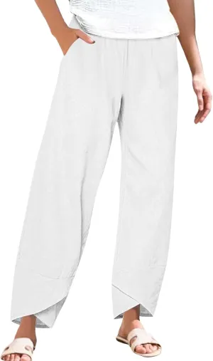 Cotton Linen Pants for Women Summer Casual Capri Pants High Waist Elastic Comfy Loose Palazzo Trousers with Pockets
