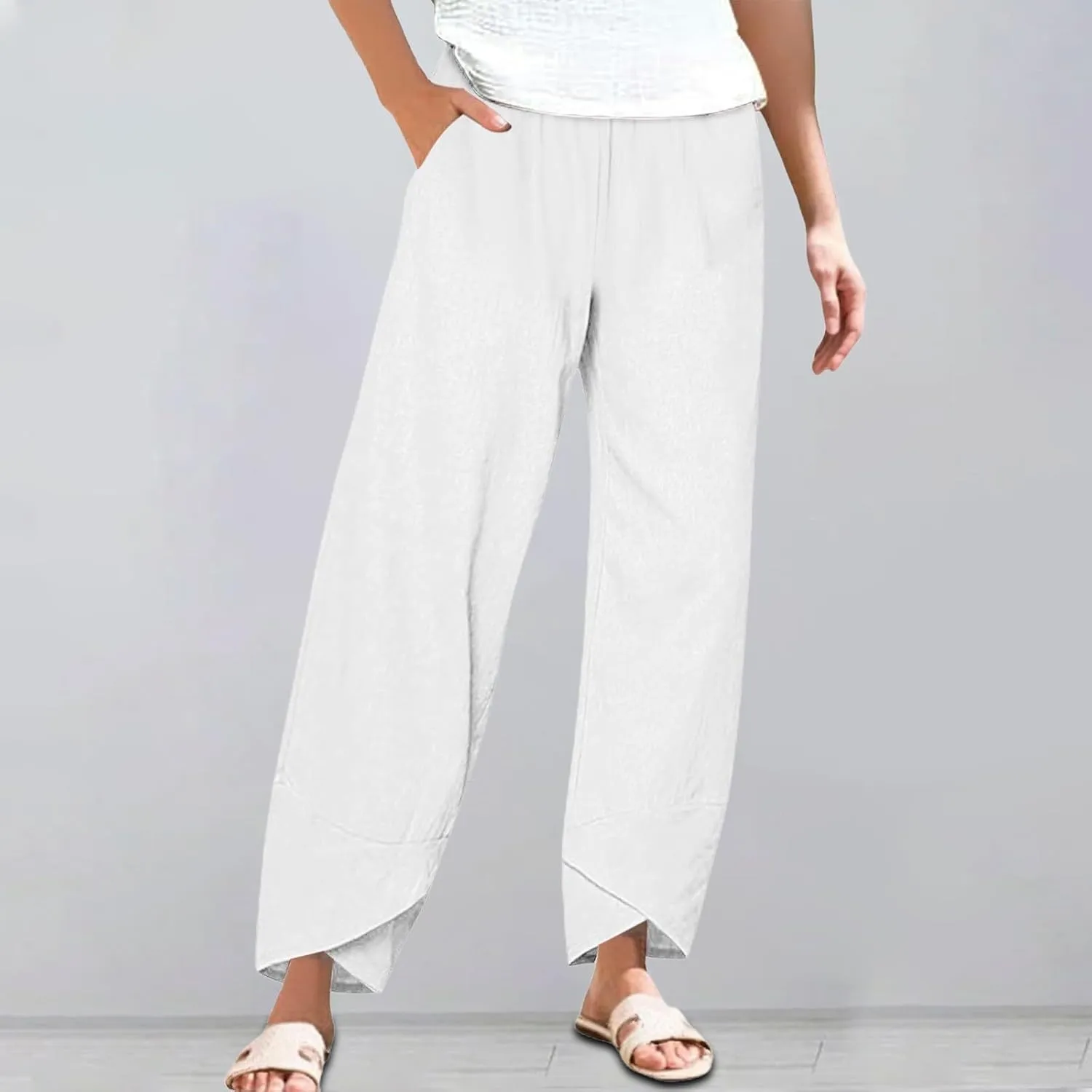 Cotton Linen Pants for Women Summer Casual Capri Pants High Waist Elastic Comfy Loose Palazzo Trousers with Pockets