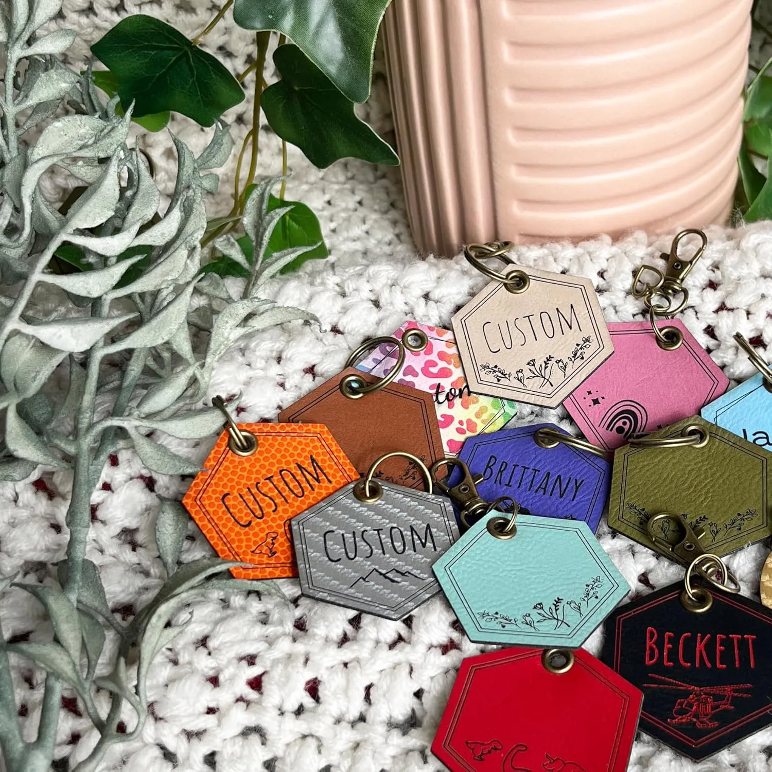 Custom Engraved Leatherette Backpack Tag | Diaper Bag Tag | Luggage Name Tag| ID Keychain | Personalized Leatherette | Made In USA (Wildflower)