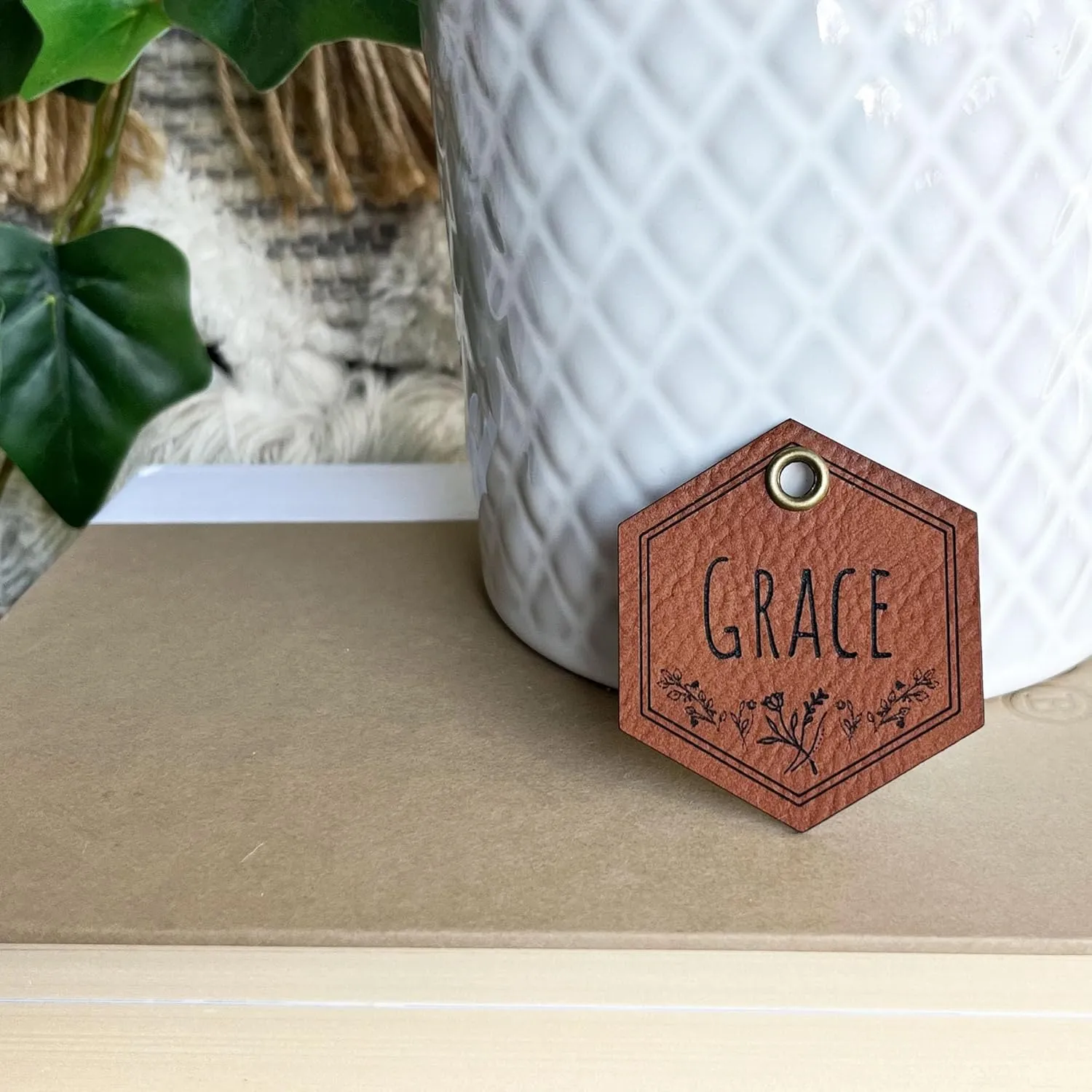 Custom Engraved Leatherette Backpack Tag | Diaper Bag Tag | Luggage Name Tag| ID Keychain | Personalized Leatherette | Made In USA (Wildflower)