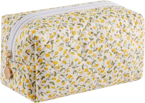 Cute Floral Cotton Makeup Bag for Women, Travel Cosmetic Bag Quilted Zipper Make Up Pouch, Pink Purple Floral Flowers Toiletry Organizer Kawaii Makeup Cosmetic Travel Cloth Bag (Yellow)
