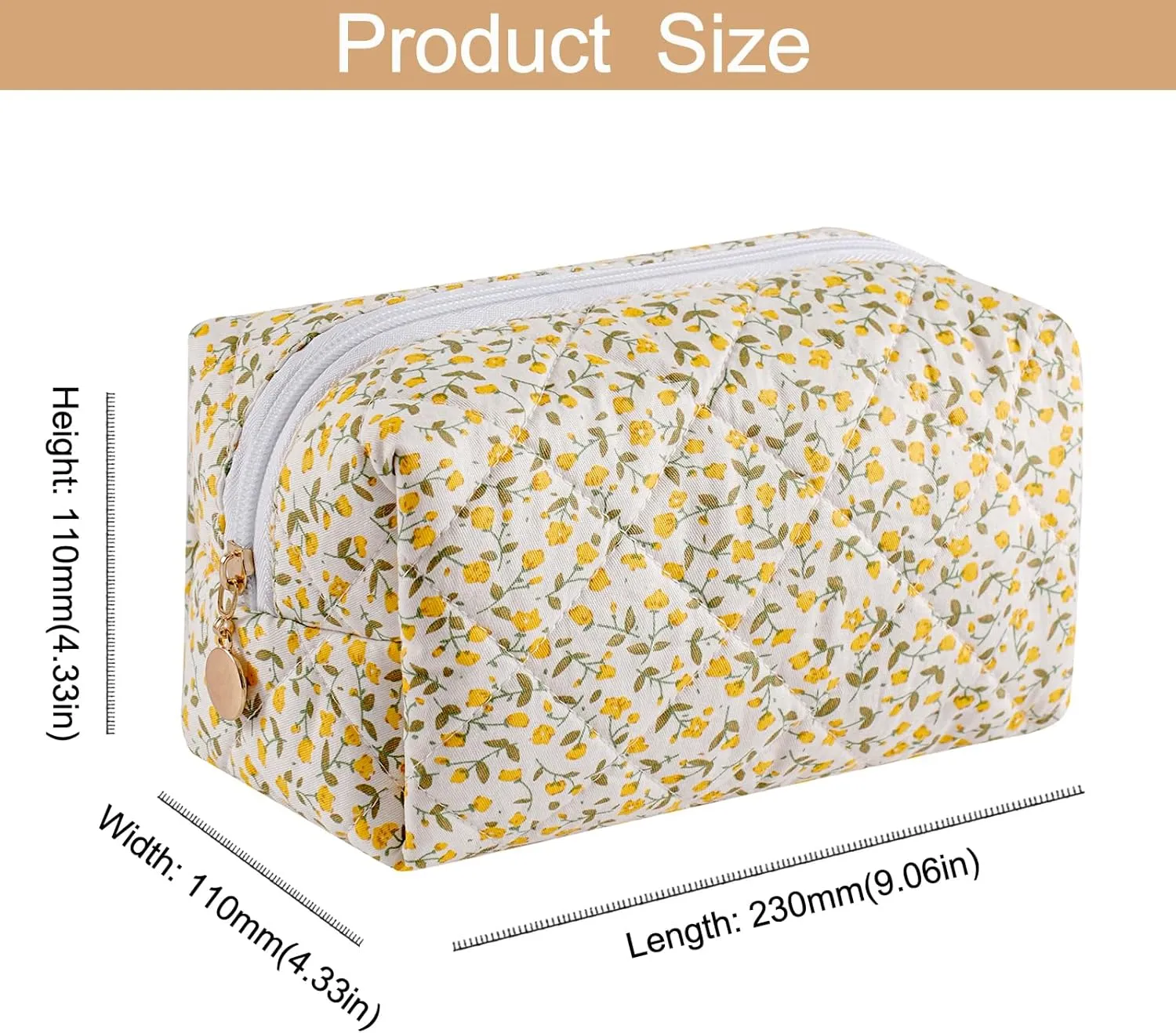 Cute Floral Cotton Makeup Bag for Women, Travel Cosmetic Bag Quilted Zipper Make Up Pouch, Pink Purple Floral Flowers Toiletry Organizer Kawaii Makeup Cosmetic Travel Cloth Bag (Yellow)