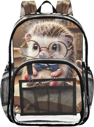 Cute Hedgehog Book Nerd Travel Clear Bags for Women Kids Girls Backpack Boys Plastic See through Bookbag