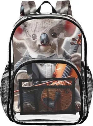 Cute Koala Violin Maestro Clear Backpack for Women Girls Backpack for Kids Plastic See through Bookbag