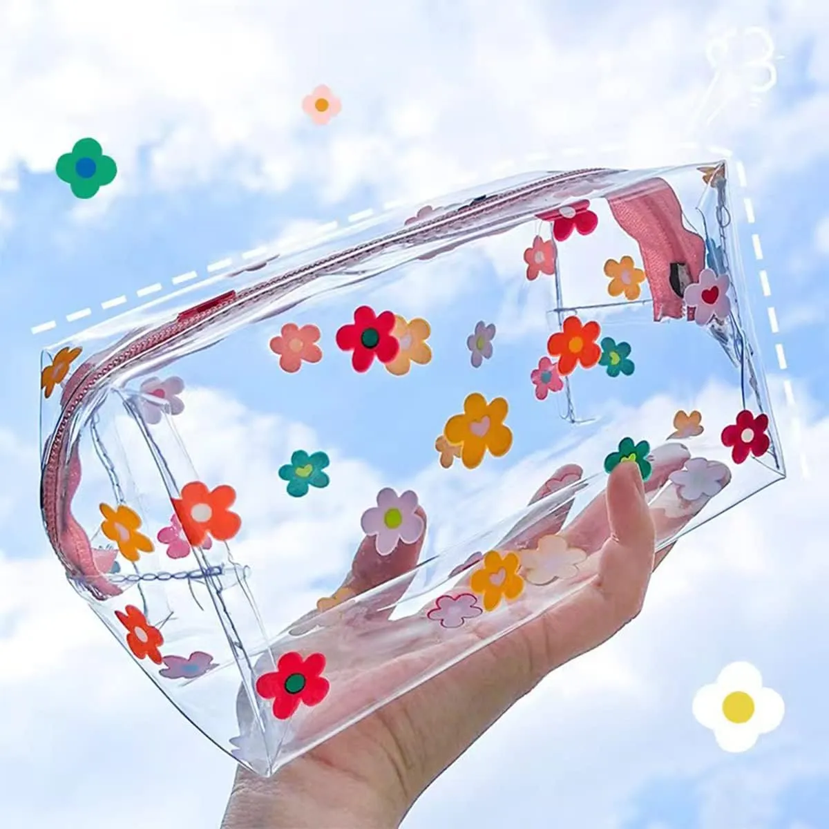 Cute Makeup Bag - Transparent, Waterproof, Large Capacity Toiletries Storage - Daisy