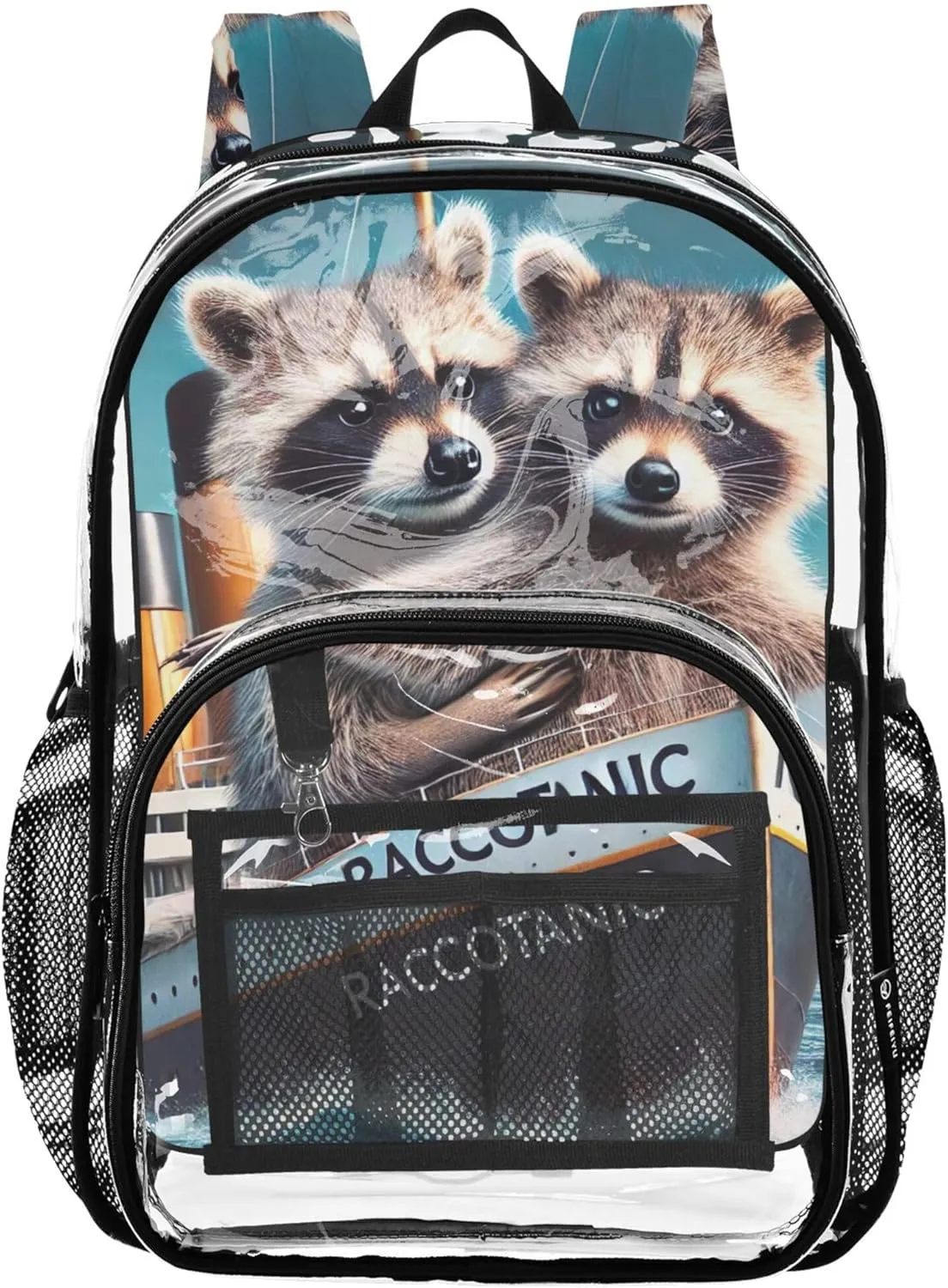 Cute Raccoon Titanic Print Clear Bag for Women Travel Kids Backpack for Girls School Clear Plastic Bag Pvc