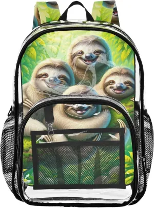 Cute Sloth Green Forest Travel Clear Backpack Floral Kids Backpack for Girls School Clear Plastic Bag Pvc