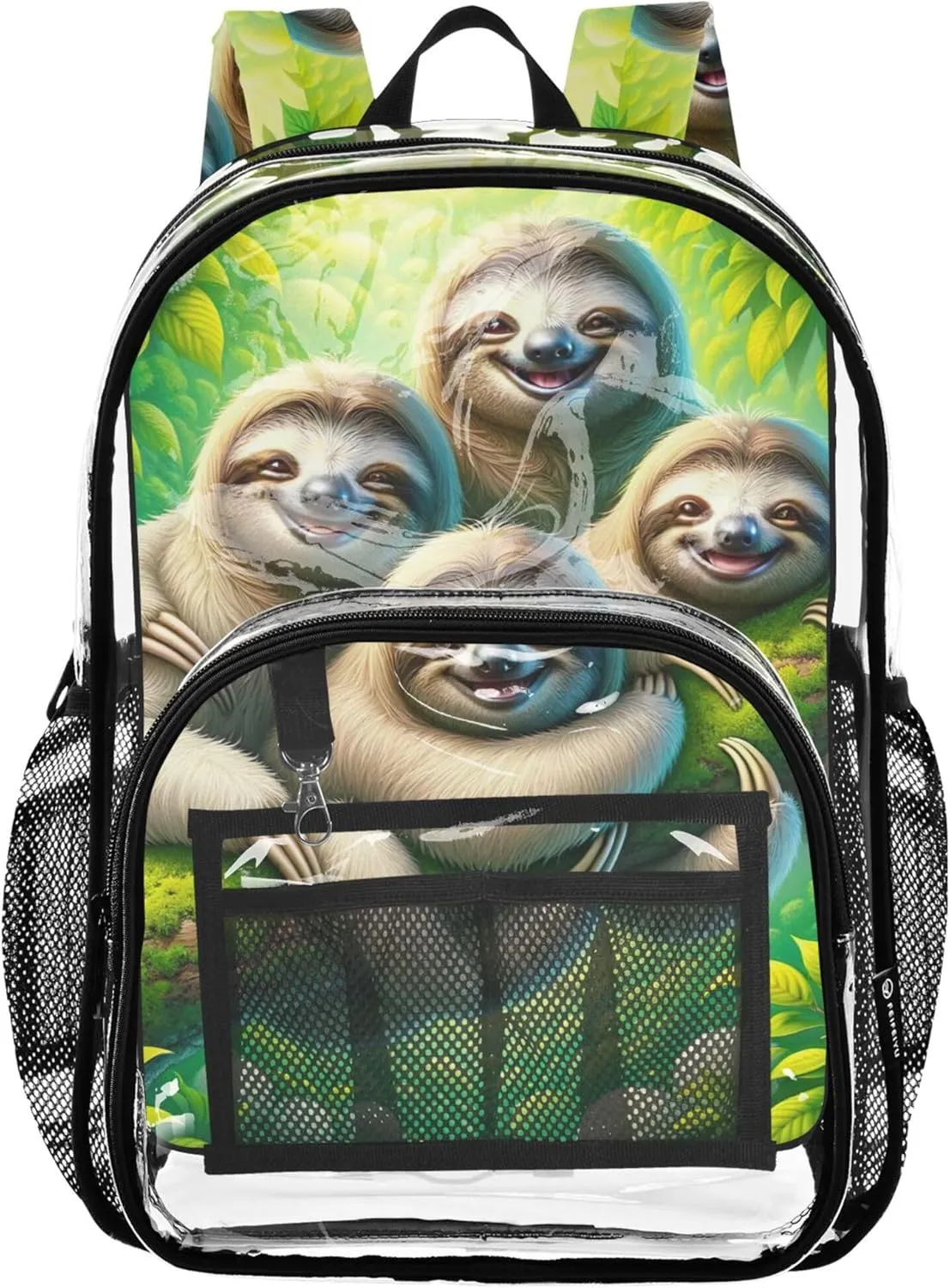 Cute Sloth Green Forest Travel Clear Backpack Floral Kids Backpack for Girls School Clear Plastic Bag Pvc