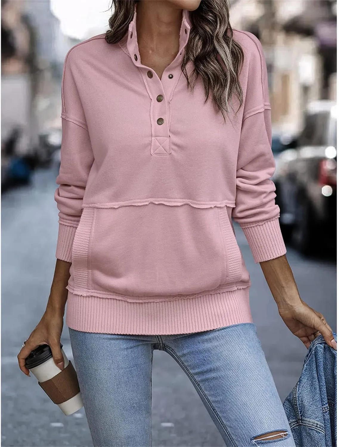 DGHM-JLMY Women's Button Fashion Street Sweater Long Sleeve Oversized Hooded Sweatshirt With Pockets Henley Hoodies Pullover