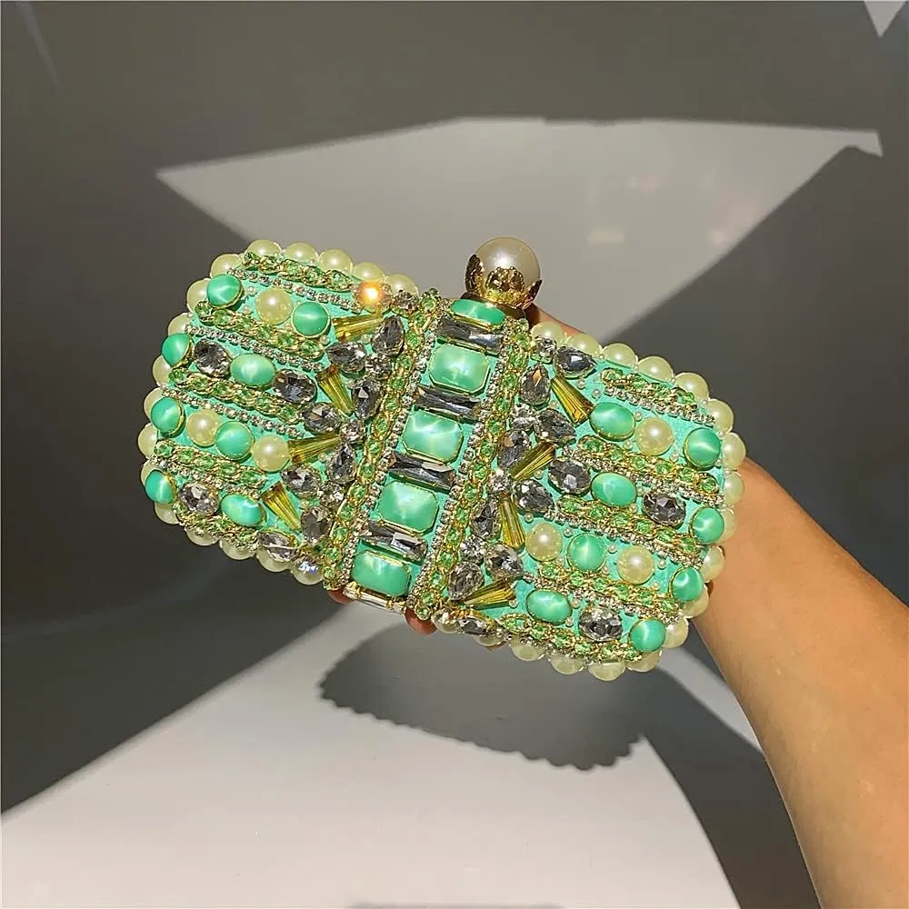 Diamond Clutch Bags for Women Pearl Beading Handbag Bling Green Rhinestone Women's Evening Bags Wedding