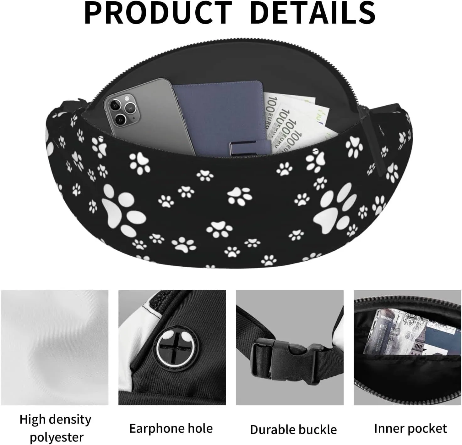 Dog Paw Print Fanny Pack for Women Men,Fashion Waist Pack Belt Bag Crossbody Bag for Traveling Casual Running Cycling