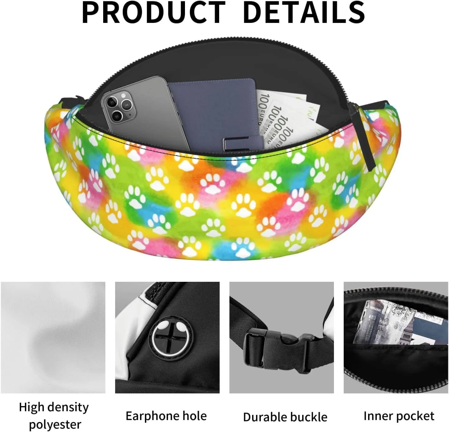 Dog Paw Print Fanny Pack for Women Men,Fashion Waist Pack Belt Bag Crossbody Bag for Traveling Casual Running Cycling