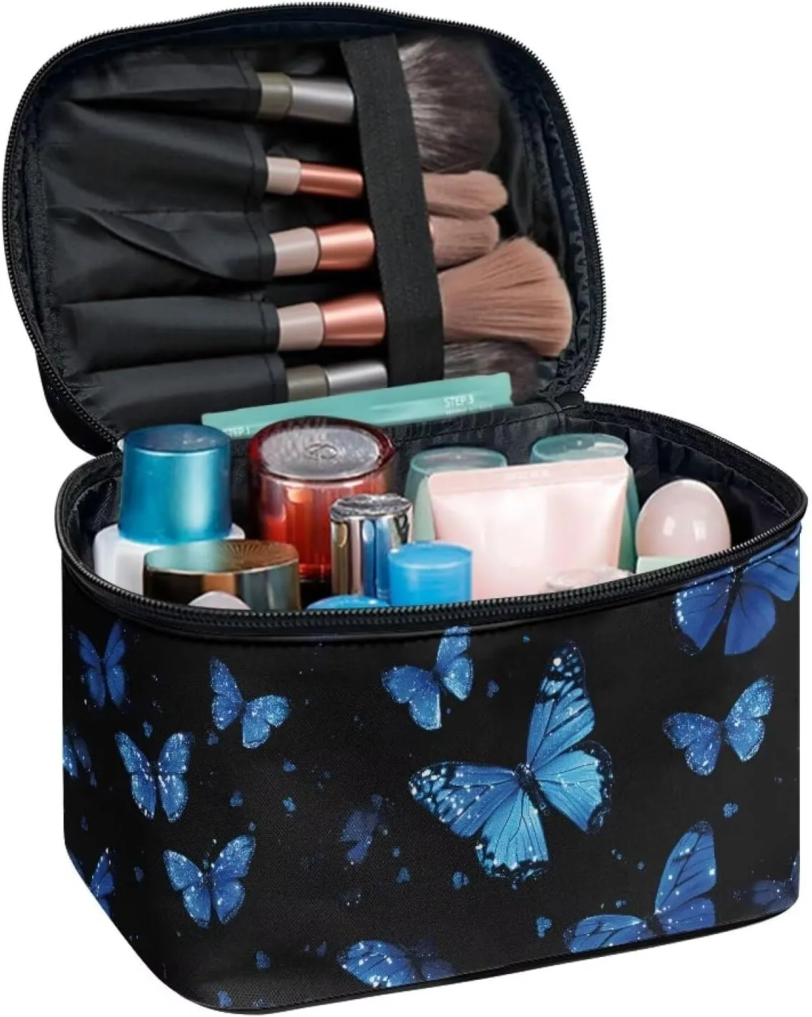 doginthehole Makeup Bag for Women Girls Travel Aesthetic Blue Butterfly Cosmetic Tote Large Make Up Organizer Toiletry Bags