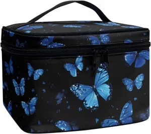 doginthehole Makeup Bag for Women Girls Travel Aesthetic Blue Butterfly Cosmetic Tote Large Make Up Organizer Toiletry Bags