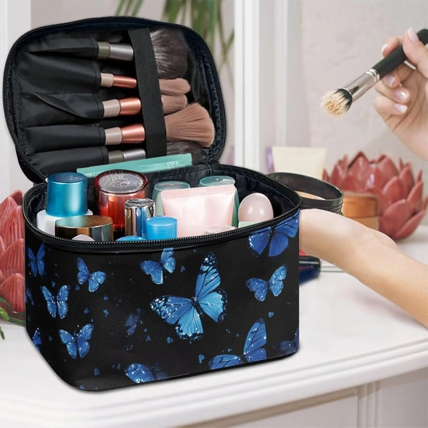 doginthehole Makeup Bag for Women Girls Travel Aesthetic Blue Butterfly Cosmetic Tote Large Make Up Organizer Toiletry Bags