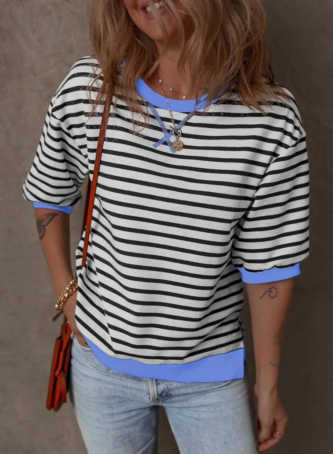 Dokotoo Sweatshirt for Women Fashion Summer Tops Striped Casual Color Block T Shirt Casual Pullover