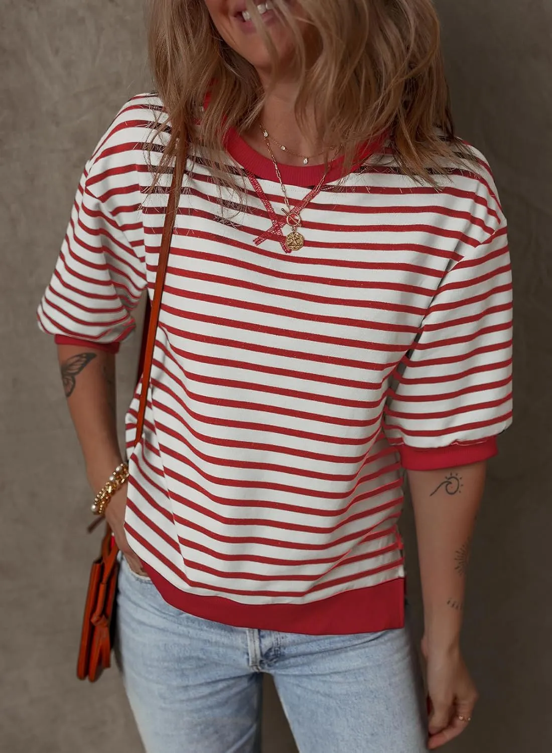 Dokotoo Sweatshirt for Women Fashion Summer Tops Striped Casual Color Block T Shirt Casual Pullover