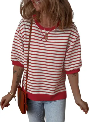 Dokotoo Sweatshirt for Women Fashion Summer Tops Striped Casual Color Block T Shirt Casual Pullover