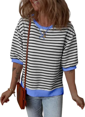 Dokotoo Sweatshirt for Women Fashion Summer Tops Striped Casual Color Block T Shirt Casual Pullover