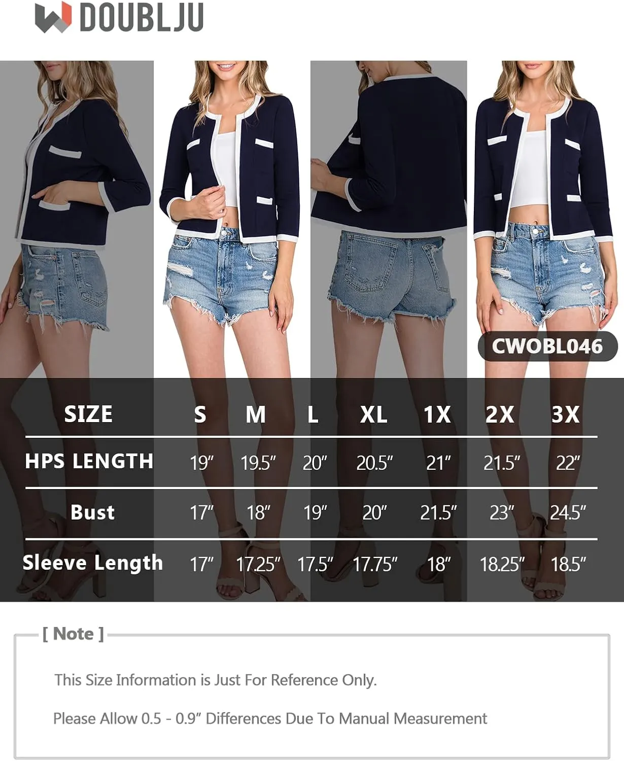 DOUBLJU Casual Open Front Crop Blazers 3/4 Sleeve Round Neck Formal Cropped Jackets for Womens with Plus Size Business Work