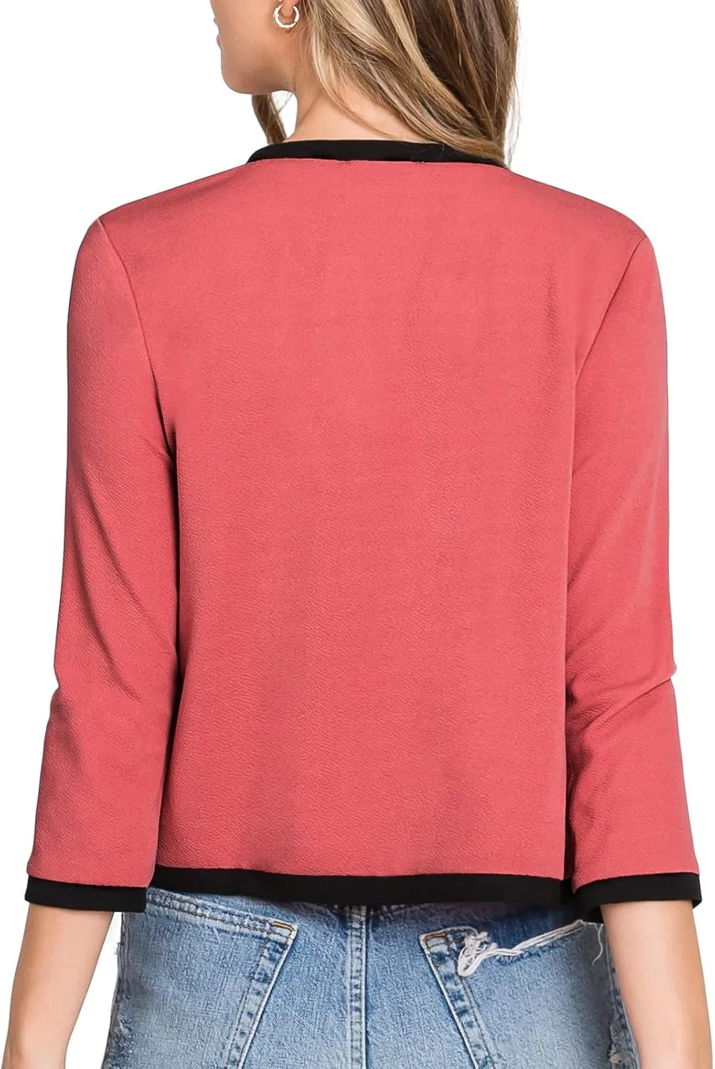 DOUBLJU Casual Open Front Crop Blazers 3/4 Sleeve Round Neck Formal Cropped Jackets for Womens with Plus Size Business Work