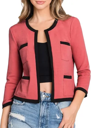 DOUBLJU Casual Open Front Crop Blazers 3/4 Sleeve Round Neck Formal Cropped Jackets for Womens with Plus Size Business Work