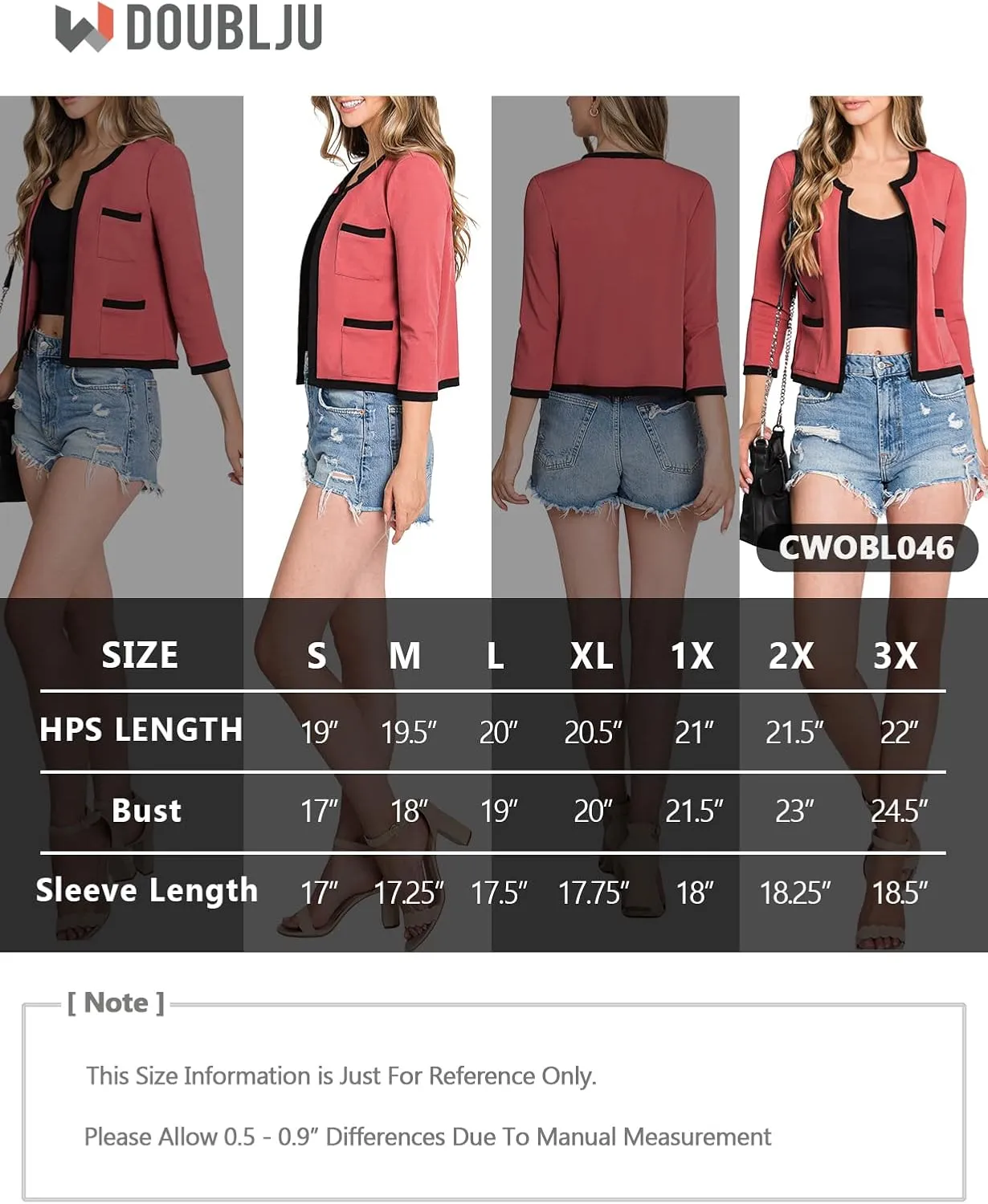 DOUBLJU Casual Open Front Crop Blazers 3/4 Sleeve Round Neck Formal Cropped Jackets for Womens with Plus Size Business Work