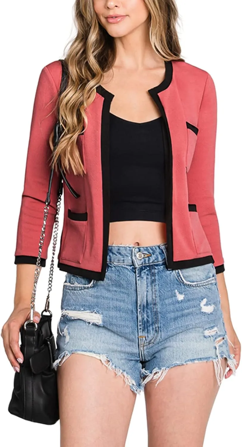 DOUBLJU Casual Open Front Crop Blazers 3/4 Sleeve Round Neck Formal Cropped Jackets for Womens with Plus Size Business Work