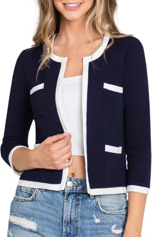 DOUBLJU Casual Open Front Crop Blazers 3/4 Sleeve Round Neck Formal Cropped Jackets for Womens with Plus Size Business Work