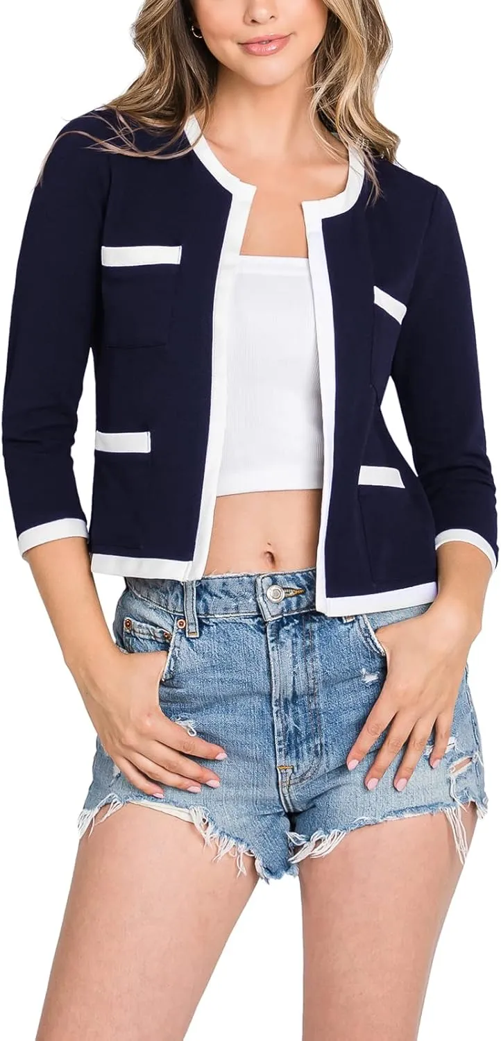 DOUBLJU Casual Open Front Crop Blazers 3/4 Sleeve Round Neck Formal Cropped Jackets for Womens with Plus Size Business Work