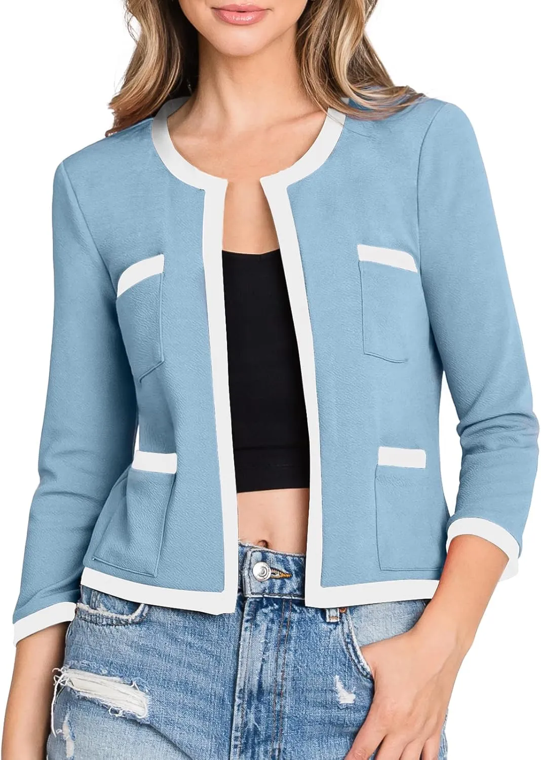 DOUBLJU Casual Open Front Crop Blazers 3/4 Sleeve Round Neck Formal Cropped Jackets for Womens with Plus Size Business Work