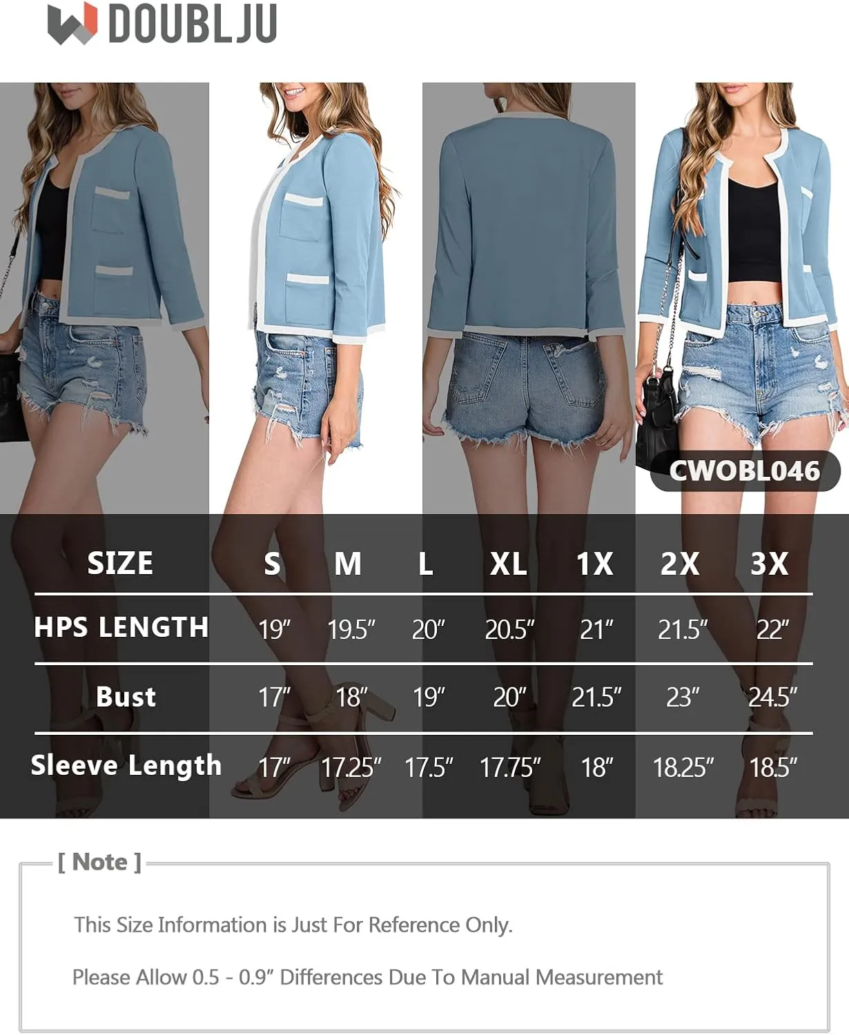 DOUBLJU Casual Open Front Crop Blazers 3/4 Sleeve Round Neck Formal Cropped Jackets for Womens with Plus Size Business Work