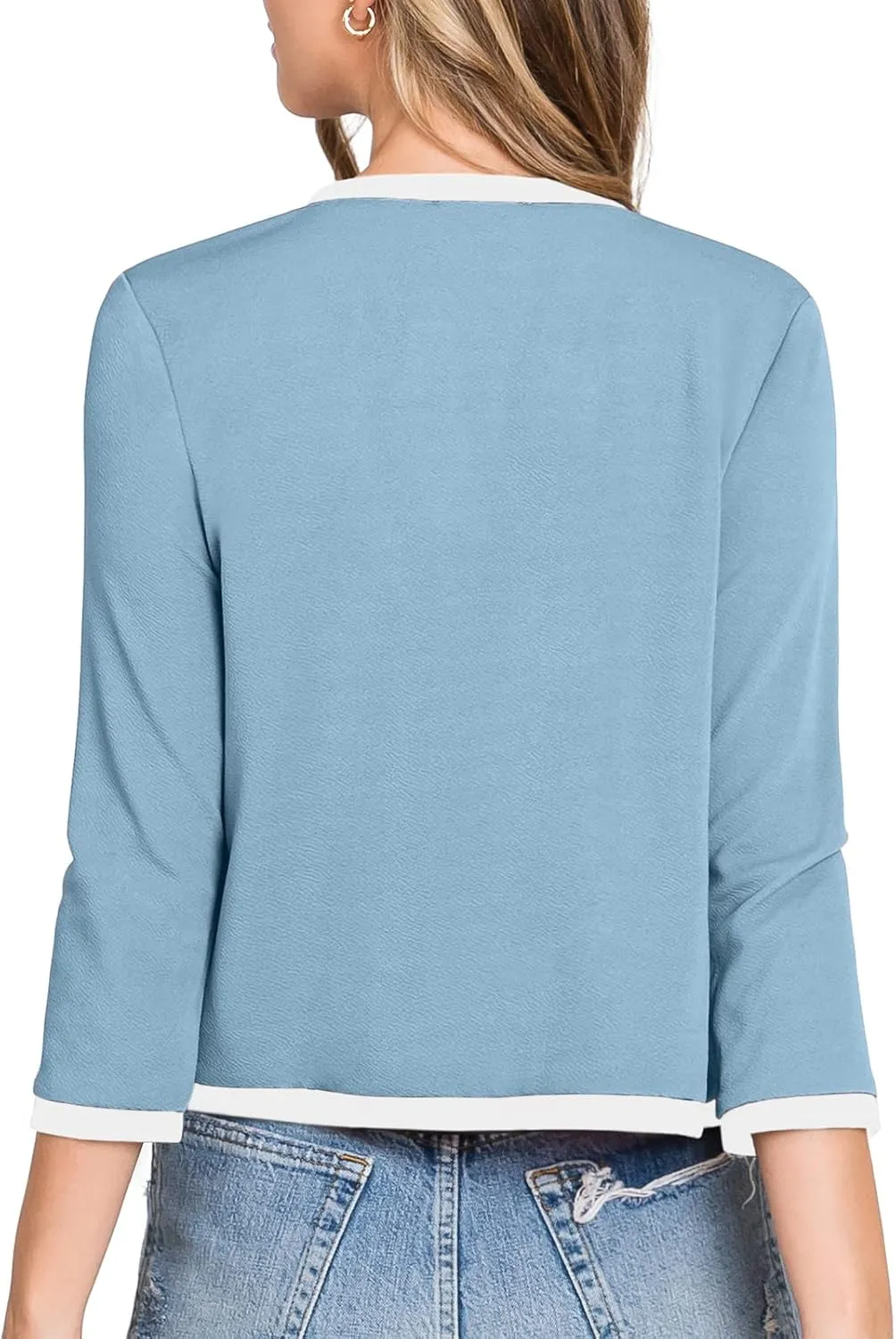 DOUBLJU Casual Open Front Crop Blazers 3/4 Sleeve Round Neck Formal Cropped Jackets for Womens with Plus Size Business Work