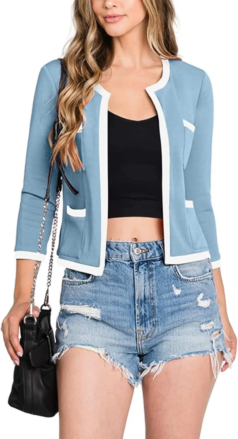 DOUBLJU Casual Open Front Crop Blazers 3/4 Sleeve Round Neck Formal Cropped Jackets for Womens with Plus Size Business Work